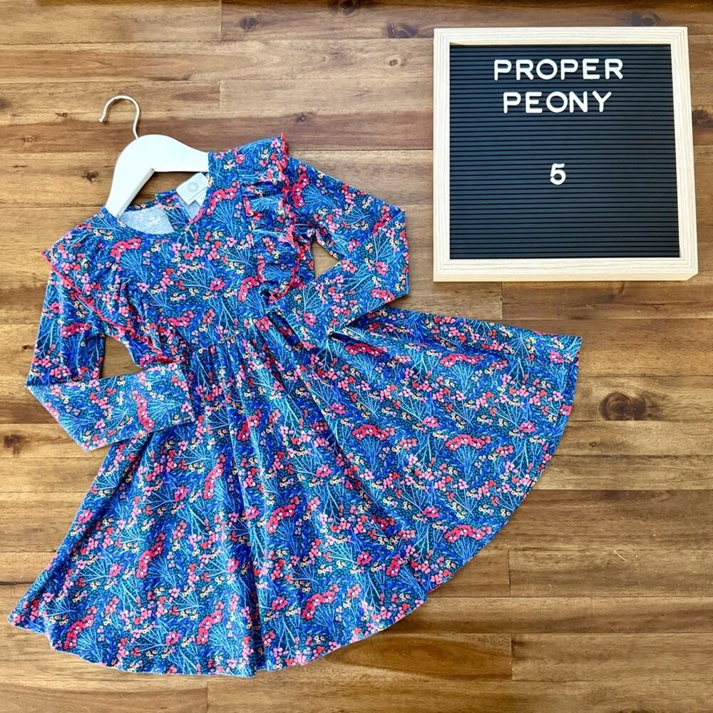The Proper Peony Margot Pima Long Sleeve Winterberry Floral Twirl Dress 5 Blue